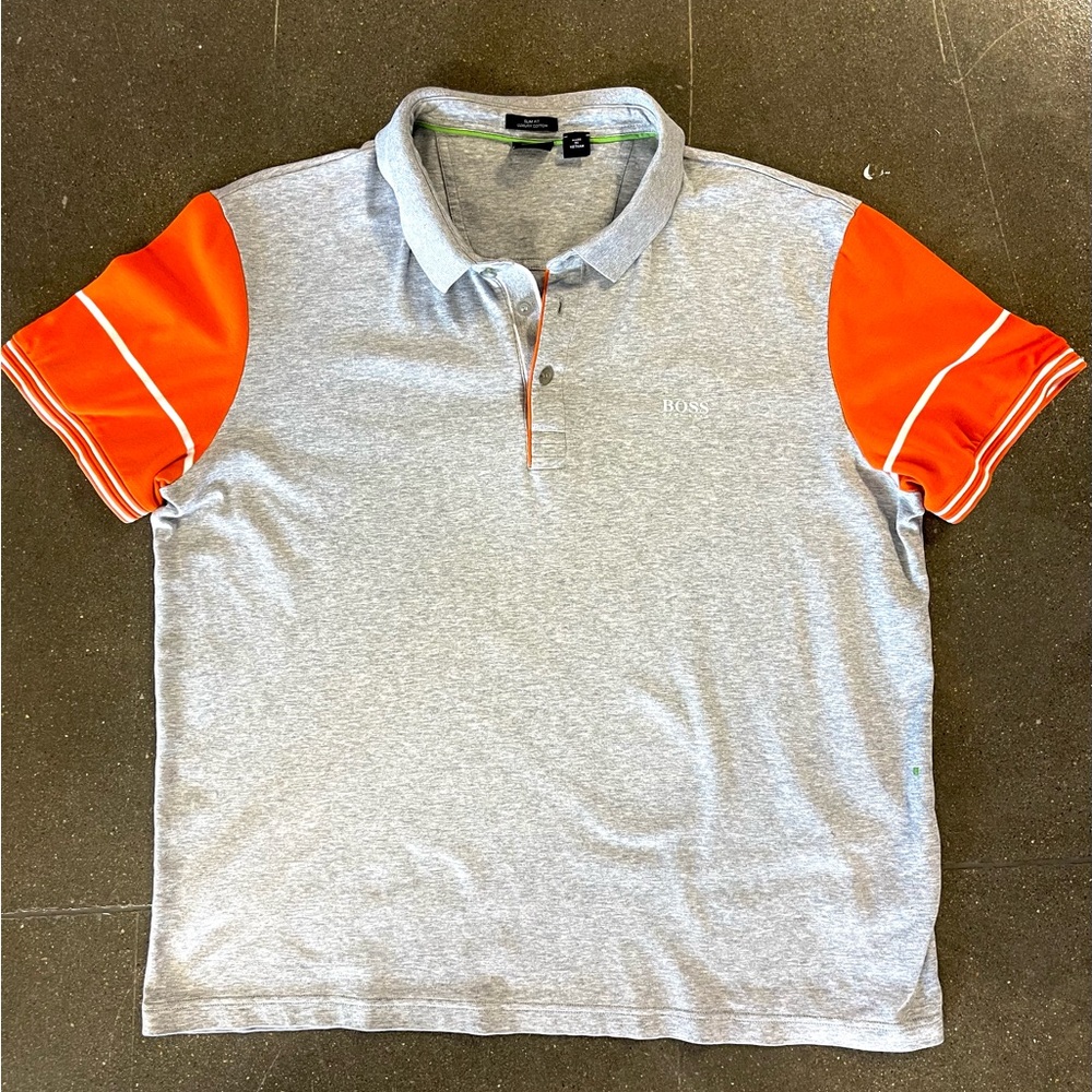 Men’s Hugo Boss Grey and Orange Polo‎ Shirt XXL